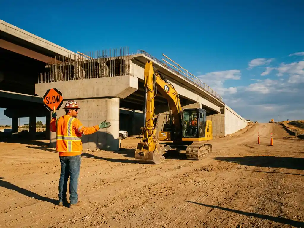 Gecertificeerde verkeersregelaar in oranje veiligheidsvest stuurt zware bouwmachines bij een gedeeltelijk gebouwd snelwegviaduct.
