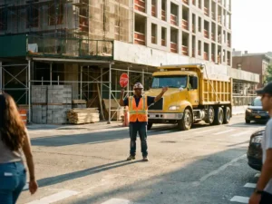 Gecertificeerde verkeersregelaar in oranje veiligheidsvest dirigeert bouwvrachtwagen op actieve stedelijke bouwplaats met steigers op de achtergrond.