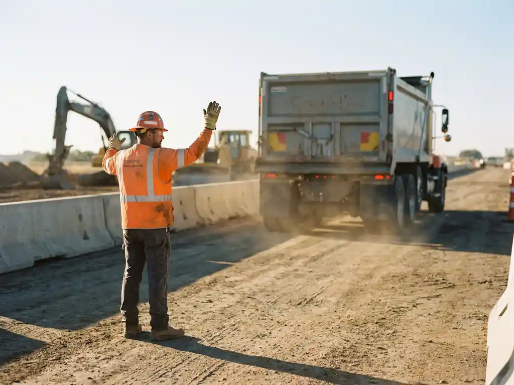 Verkeersregelaar in oranje veiligheidsvest begeleidt achteruitrijdende vrachtwagen op bouwplaats met handgebaren, betonblokken en graafmachines op achtergrond.