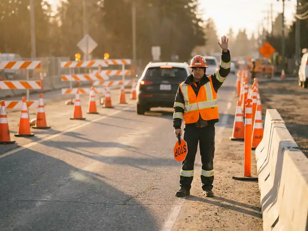 Verkeersregelaar in oranje veiligheidsvest stuurt verkeer bij tijdelijke wegomlegging met oranje kegels en afzethekken in bouwzone.