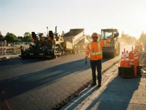 Gecertificeerde verkeersregelaar in oranje hesje dirigeert verkeer bij wegwerkzaamheden, met asfaltmachines en veiligheidskegels op de achtergrond.