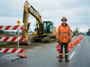 Gecertificeerde verkeersregelaar in oranje veiligheidsvest bij wegwerkzaamheden, met verkeersk egels en een stilstaande graafmachine op de achtergrond.