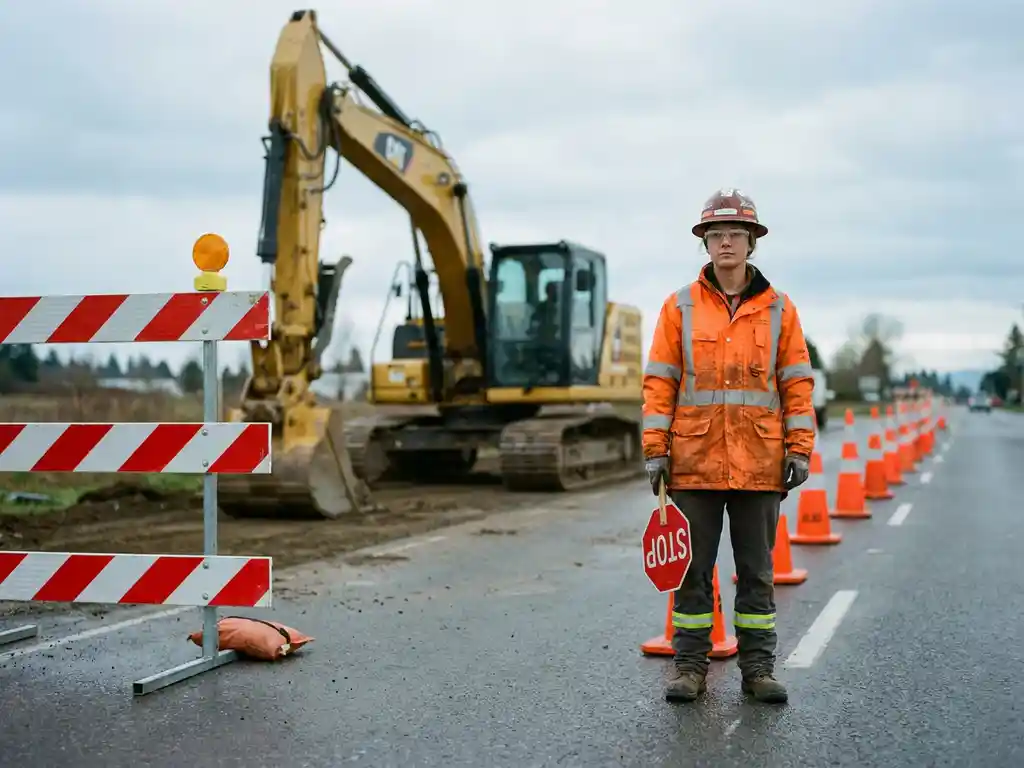 Gecertificeerde verkeersregelaar in oranje veiligheidsvest bij wegwerkzaamheden, met verkeersk egels en een stilstaande graafmachine op de achtergrond.