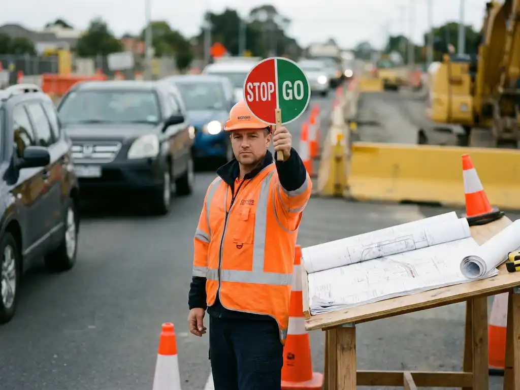 Gecertificeerde verkeersregelaar in oranje veiligheidsvest met stop/go-peddel bij wegwerkzaamheden, verkeersbeheerplannen op tafel op de achtergrond.