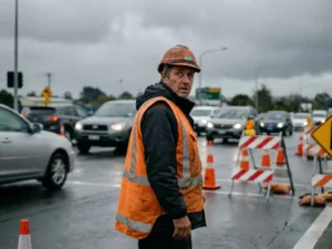 Verkeersregelaar in versleten hesje bij chaotisch kruispunt met rijdende auto's en scheve bouwbarrières onder bewolkte lucht.