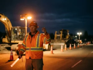 Gecertificeerde verkeersregelaar in oranje veiligheidsvest dirigeert 's nachts verkeer met verlichte baton bij wegwerkzaamheden.