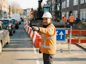 Verkeersregelaar in oranje veiligheidsvest geeft handsignaal bij wegomleiding in Nederlandse stad, met bouwbarricades en graafmachine op achtergrond.