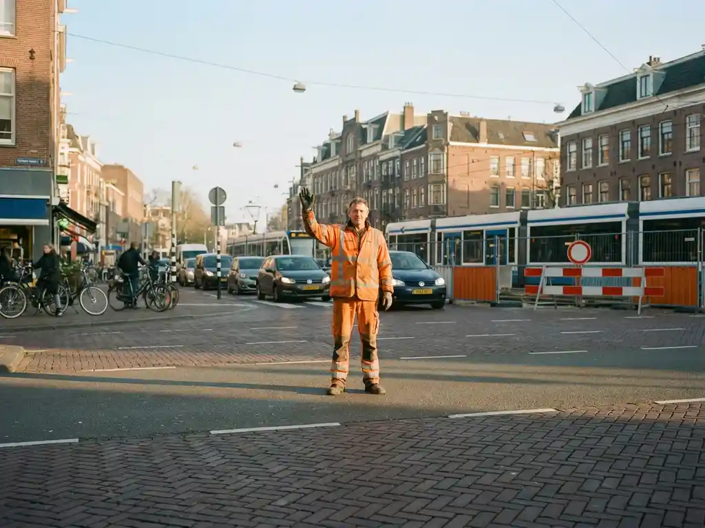 Gecertificeerde verkeersregelaar in oranje hesje stuurt verkeer op druk stedelijk kruispunt, met bouwbarrières op de achtergrond.