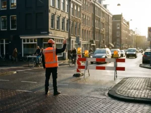 Verkeersregelaar in oranje hesje geeft stopsignaal op druk Nederlands kruispunt, met bouwbarrières en amberkleurige waarschuwingslampen op de achtergrond.