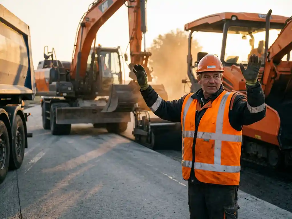 Verkeersregelaar in oranje hesje stuurt bouwverkeer op infrastructuurproject in Noord-Brabant, graafmachines en nieuw asfalt op achtergrond.
