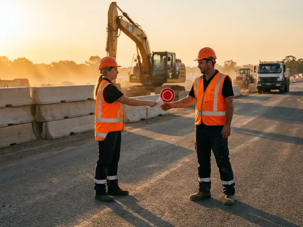 Verkeersbegeleider in oranje veiligheidsvest overhandigt stop-go paddle aan collega op drukke bouwplaats, met betonnen barriers en machines op de achtergrond.