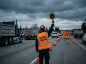 Gecertificeerde verkeersregelaar in oranje hesje steekt arm op om verkeer te leiden op drukke snelweg met vrachtwagens en oranje kegels.