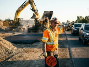 Verkeersregelaar in oranje veiligheidsvest dirigeert verkeer bij wegwerkzaamheden, met vers asfalt en zwaar materieel op de achtergrond in gouden avondlicht.