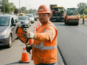 Gecertificeerde verkeersregelaar in oranje veiligheidsvest dirigeert verkeer bij wegwerkzaamheden met vers asfalt en oranje verkeerskegels.