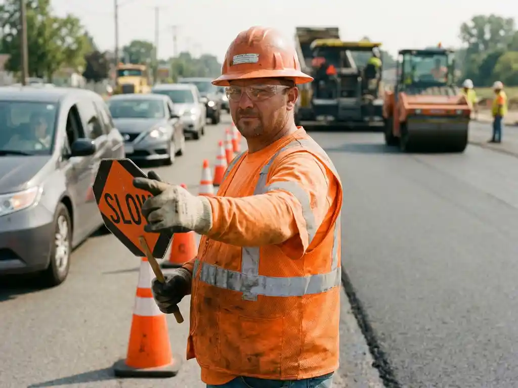 Gecertificeerde verkeersregelaar in oranje veiligheidsvest dirigeert verkeer bij wegwerkzaamheden met vers asfalt en oranje verkeerskegels.
