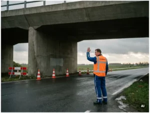 Gecertificeerde verkeersregelaar in oranje hesje bij betonnen aquaductonderdoorgang, stuurt verkeer in vlak Nederlands polderlandschap.