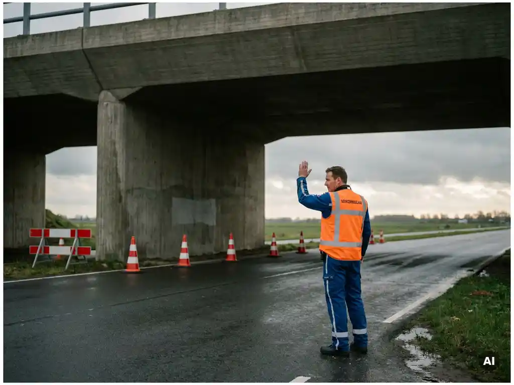 Gecertificeerde verkeersregelaar in oranje hesje bij betonnen aquaductonderdoorgang, stuurt verkeer in vlak Nederlands polderlandschap.