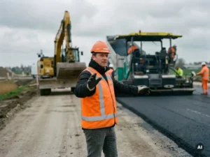 Verkeersregelaar in oranje hesje geeft handsignaal op Nederlands wegenbouwproject met asfaltmachines op de achtergrond.