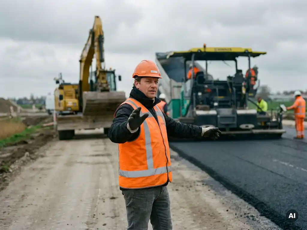 Verkeersregelaar in oranje hesje geeft handsignaal op Nederlands wegenbouwproject met asfaltmachines op de achtergrond.