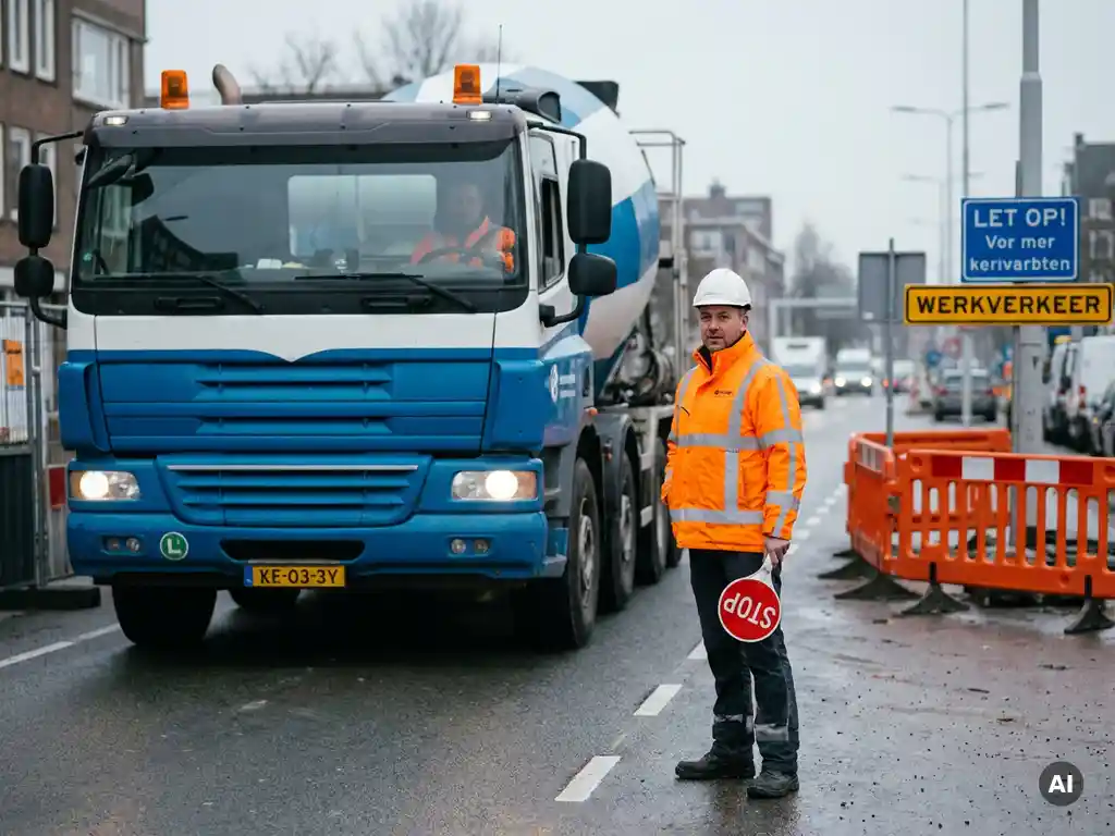 Gecertificeerde verkeersregelaar in oranje hesje en witte helm begeleidt betonmixer bij bouwplaatsingang in Nederland.