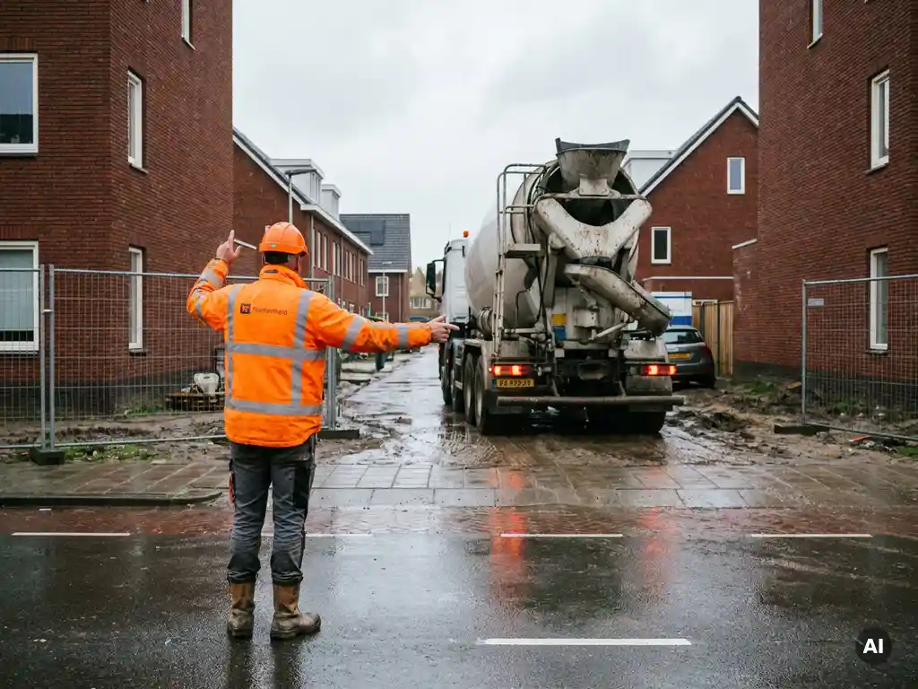 Gecertificeerde verkeersregelaar in oranje hesje begeleidt betonmixer door smalle bouwplaatsingang op nat asfalt in Nederland.