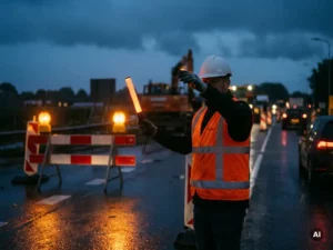 Verkeersregelaar in oranje hesje en witte helm met verlichte verkeersbaak bij natte wegwerkzaamheden in de avond.