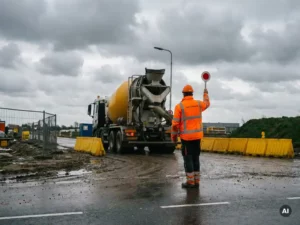 Gecertificeerde verkeersregelaar in oranje hesje stopt verkeer bij bouwplaatsuitgang terwijl een betonmixer naar buiten rijdt.