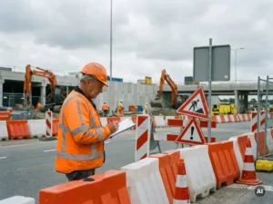 Verkeersregelaar in oranje hesje maakt aantekeningen op klembord bij Nederlandse bouwplaats met oranje-witte barriers.