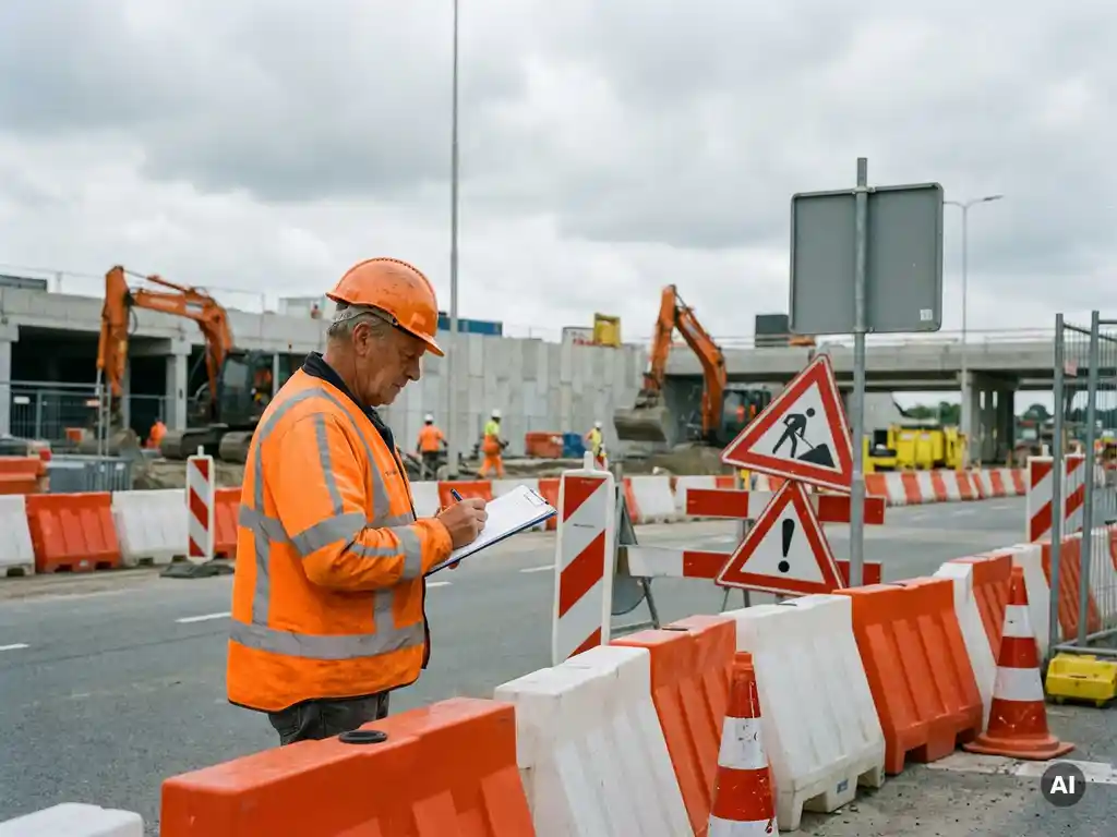 Verkeersregelaar in oranje hesje maakt aantekeningen op klembord bij Nederlandse bouwplaats met oranje-witte barriers.