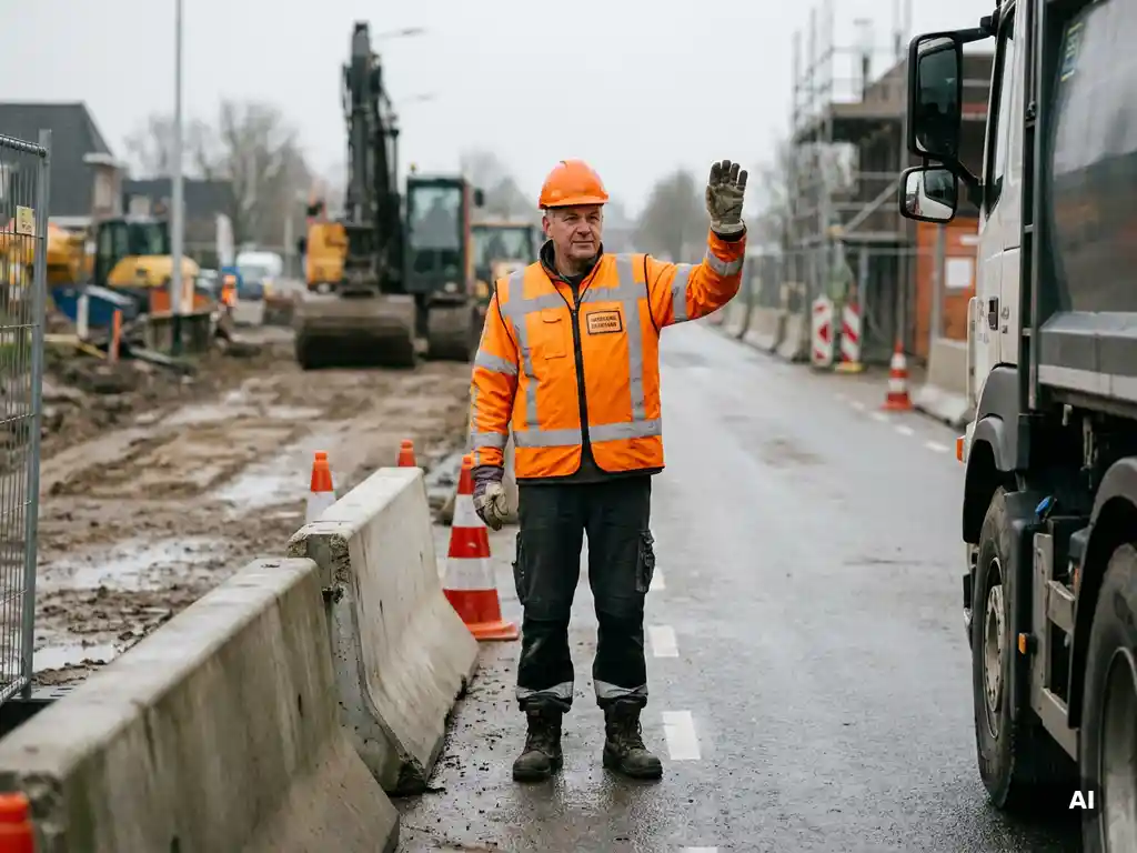 Gecertificeerde verkeersregelaar in oranje veiligheidsvest stuurt verkeer bij een Nederlandse bouwplaatsingang met betonnen barriers en verkeerskegels.