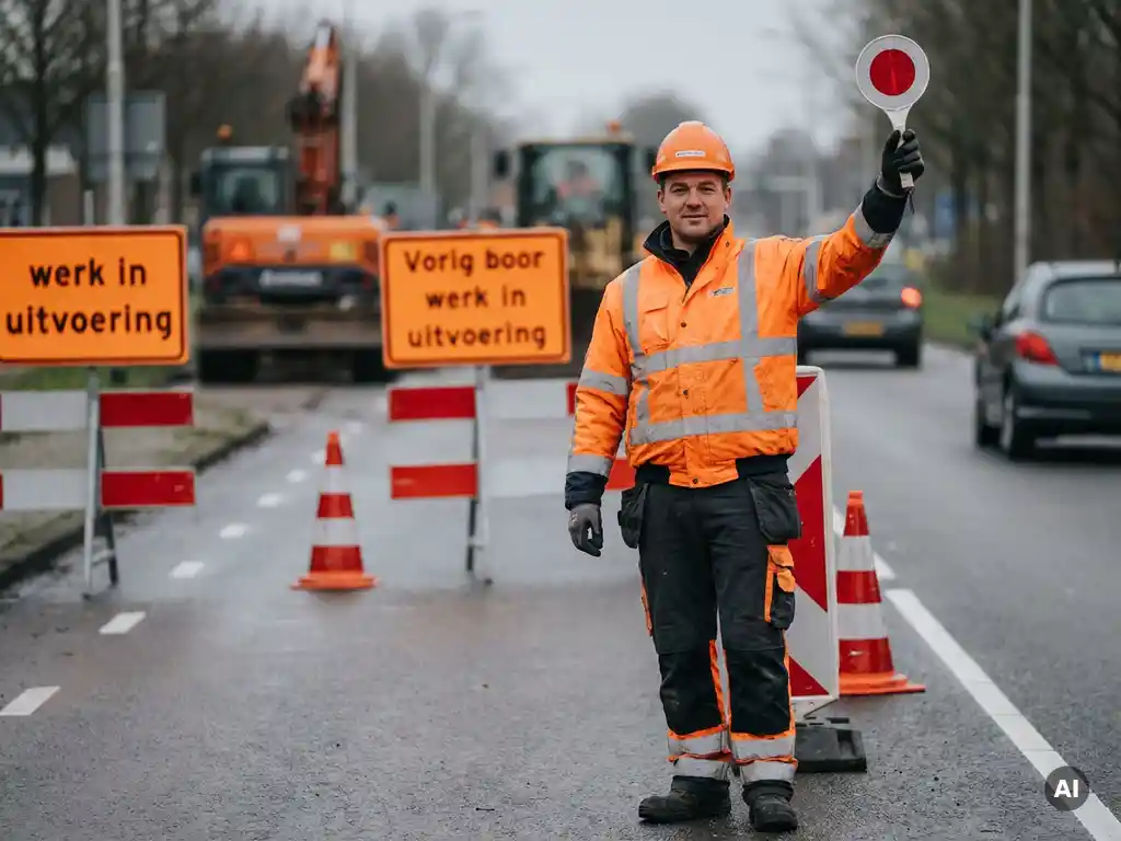 Gecertificeerde verkeersregelaar in oranje hesje en helm dirigeert verkeer bij Nederlandse wegwerkzaamheden met tijdelijke verkeersborden op de achtergrond.