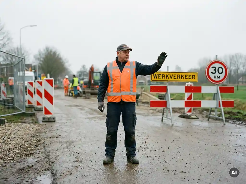 Gecertificeerde verkeersregelaar in oranje hesje dirigeert verkeer bij bouwplaatsingang, met tijdelijke borden en oranje-witte barriers op de achtergrond.