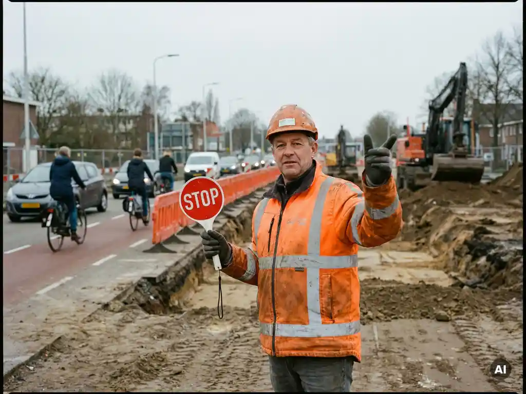 Gecertificeerde verkeersregelaar in oranje hesje met stopbord bij wegwerkzaamheden op Nederlandse infrastructuurlocatie.