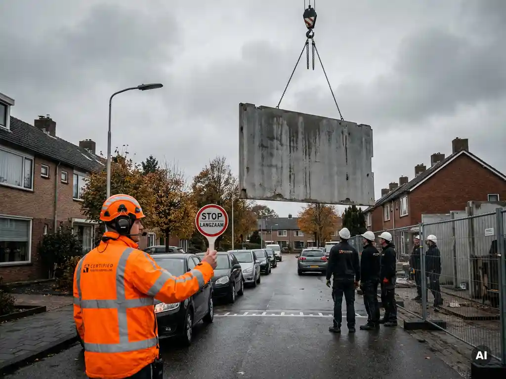 Verkeersregelaar in oranje hesje stuurt verkeer op Nederlandse woonstraat, met betonnen prefab element aan kraan op achtergrond.