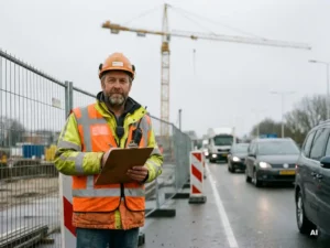 Gecertificeerde verkeersregelaar in oranjegeel veiligheidsvest met klembord bij Nederlandse wegwerkzaamheden, bouwkraan op de achtergrond.