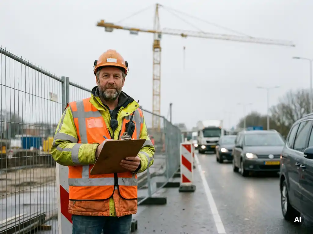 Gecertificeerde verkeersregelaar in oranjegeel veiligheidsvest met klembord bij Nederlandse wegwerkzaamheden, bouwkraan op de achtergrond.