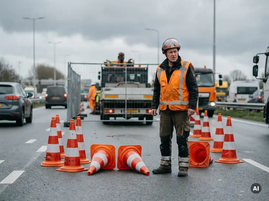 Gecertificeerde verkeersregelaar in oranje hesje bij Nederlandse wegwerkzaamheden, kijkt onzeker naar verkeerd geplaatste verkeerskegels.