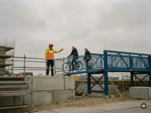 Gecertificeerde verkeersregelaar in oranje hesje begeleidt fietser en voetganger over tijdelijke bouwbrug in Nederland.