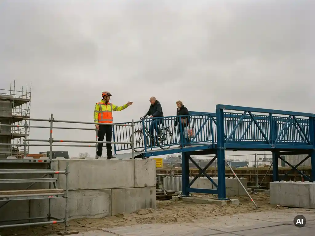 Gecertificeerde verkeersregelaar in oranje hesje begeleidt fietser en voetganger over tijdelijke bouwbrug in Nederland.