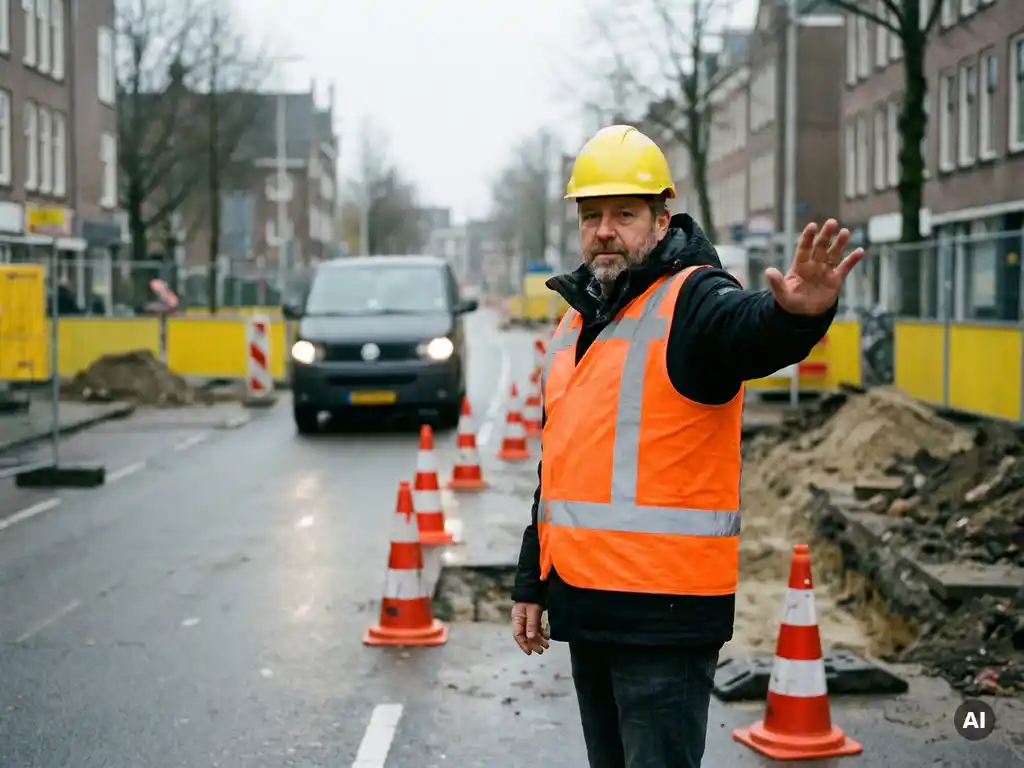 Gecertificeerde verkeersregelaar in oranje hesje dirigeert verkeer bij wegwerkzaamheden op Nederlandse straat met afzethekken en pionnen.