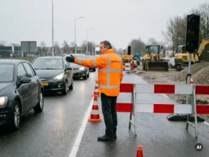 Gecertificeerde verkeersregelaar in oranje hesje dirigeert verkeer bij tijdelijke wegwerkzaamheden naast oranje-witte afzethekken.