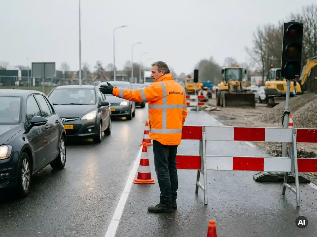 Gecertificeerde verkeersregelaar in oranje hesje dirigeert verkeer bij tijdelijke wegwerkzaamheden naast oranje-witte afzethekken.