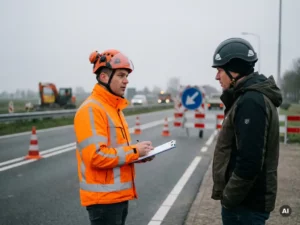 Gecertificeerde verkeersregelaar in oranje hesje ontvangt briefing van supervisor bij Nederlandse wegwerkzaamheden, klembord in hand.