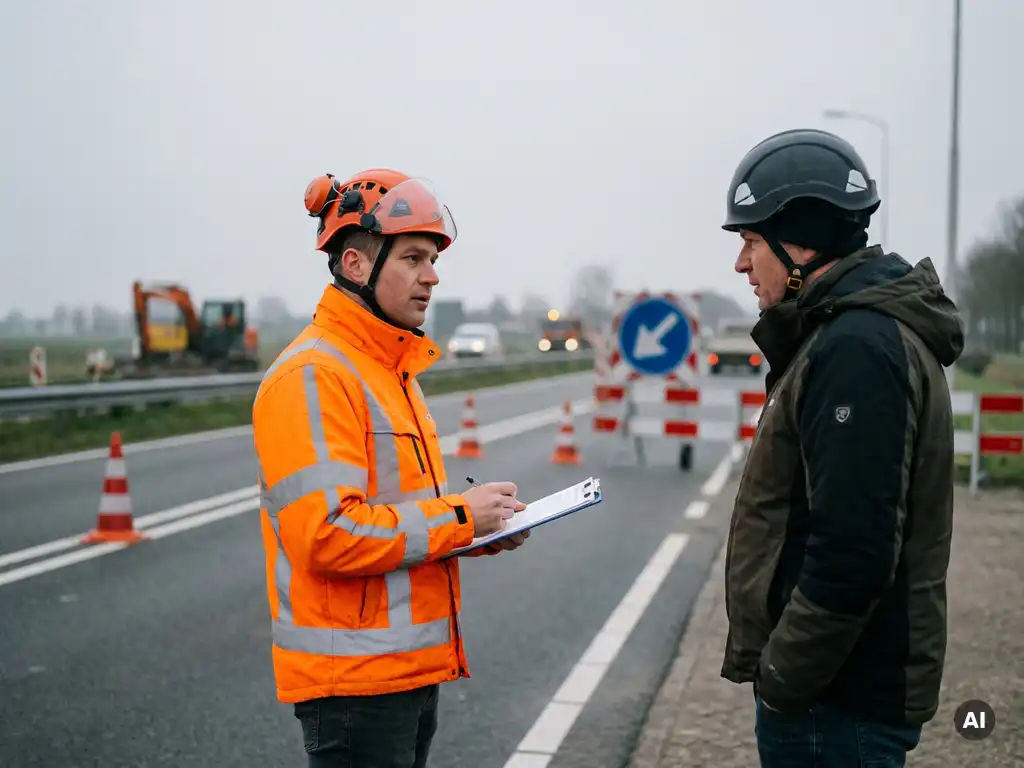 Gecertificeerde verkeersregelaar in oranje hesje ontvangt briefing van supervisor bij Nederlandse wegwerkzaamheden, klembord in hand.