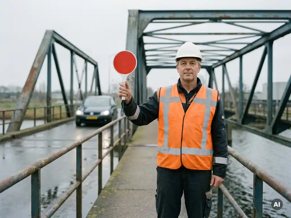 Gecertificeerde verkeersregelaar in oranje hesje en witte helm op smalle brug boven Nederlands kanaal met stopbordje.