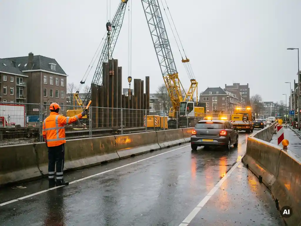 Verkeersregelaar in oranje veiligheidsvest stuurt verkeer bij actieve damwandinstallatie in Nederland, kraan zichtbaar op de achtergrond.