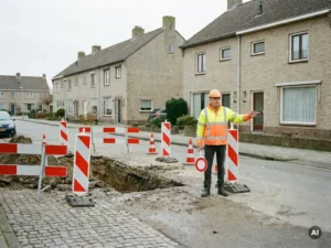 Verkeersregelaar in oranjegele hesje naast open kabelsleuven op Nederlandse woonstraat, met rood-witte afzethekken op de achtergrond.