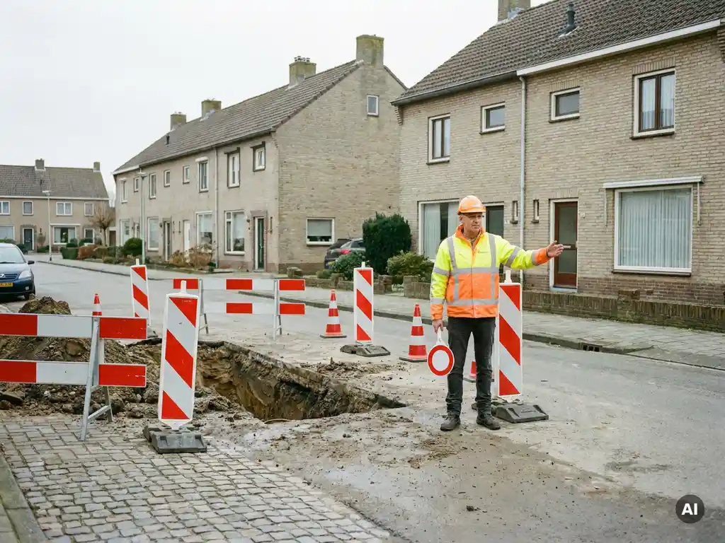 Verkeersregelaar in oranjegele hesje naast open kabelsleuven op Nederlandse woonstraat, met rood-witte afzethekken op de achtergrond.