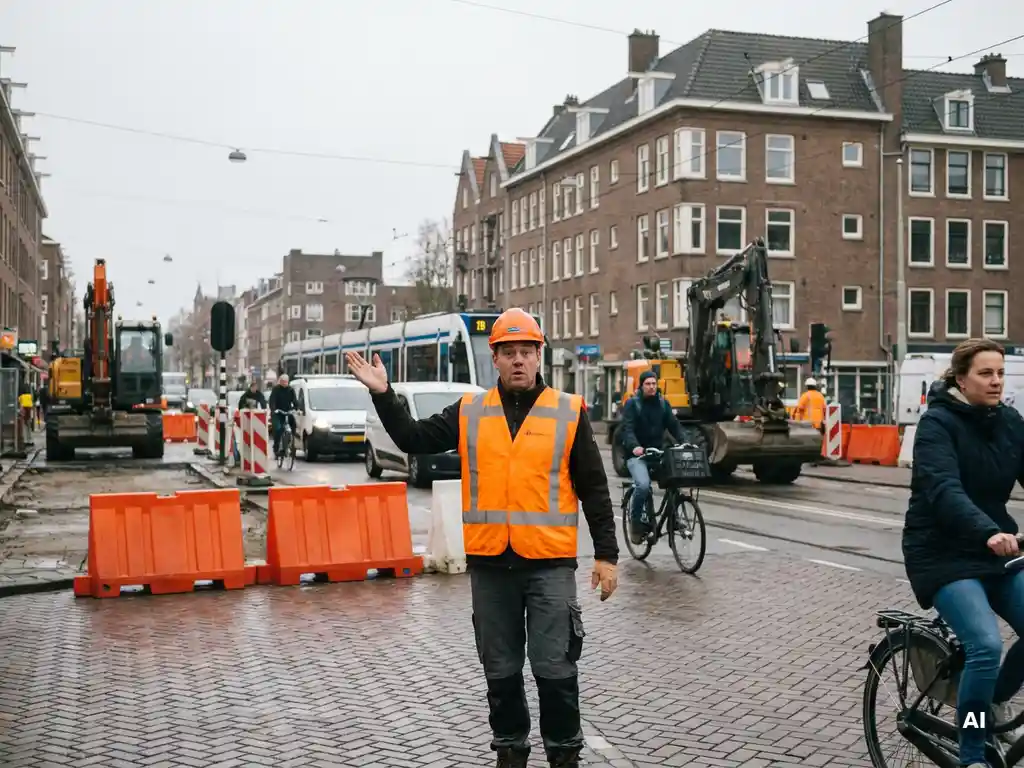 Verkeersregelaar in oranje veiligheidsvest geeft onduidelijke handsignalen op druk Nederlands bouwterrein met wegafzettingen en bouwmachines.