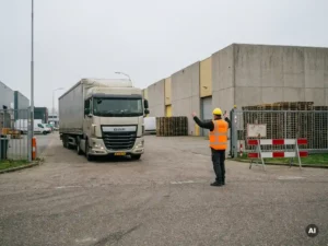 Verkeersregelaar in oranje veiligheidsvest begeleidt vrachtwagen bij ingang van Nederlands industrieterrein.